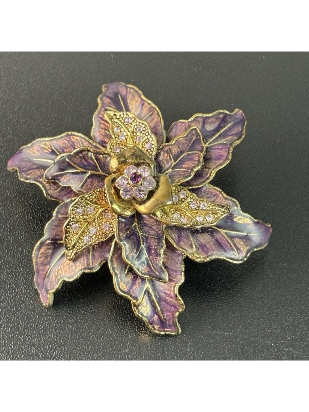 Vintage Clematis Flower Purple Gold Stones Brooch Pin Flower Floral Wreath 2.5"